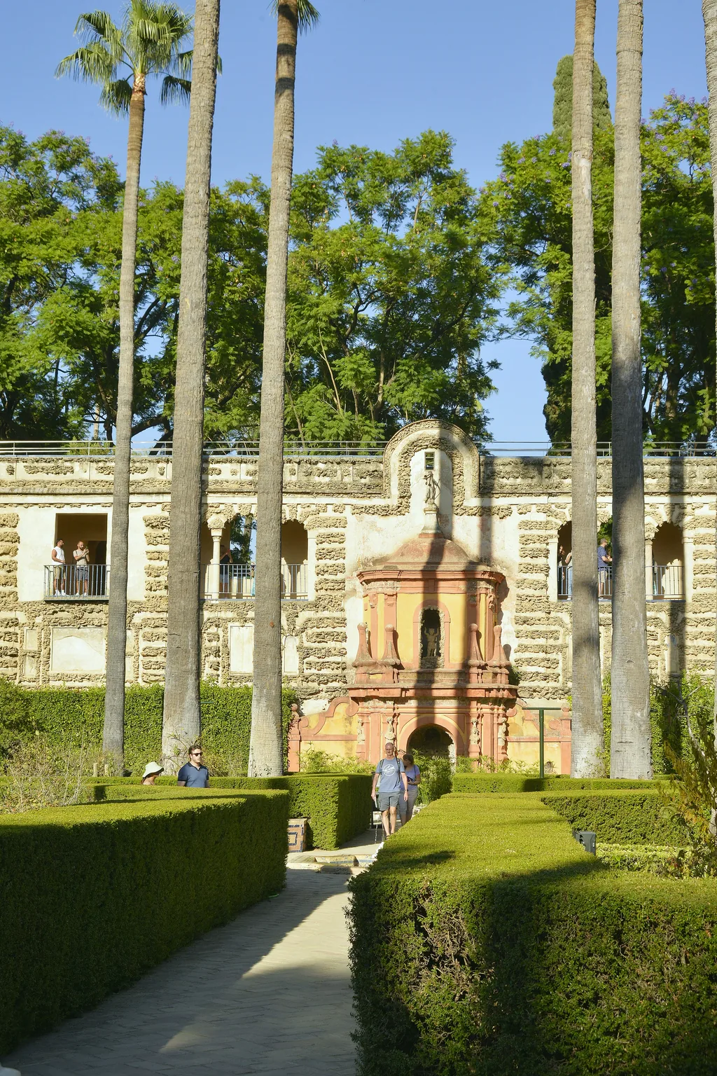 Hohe Palmen über einem Gartenpavillon und geschnittenen Hecken in den Alcázar-Gärten
