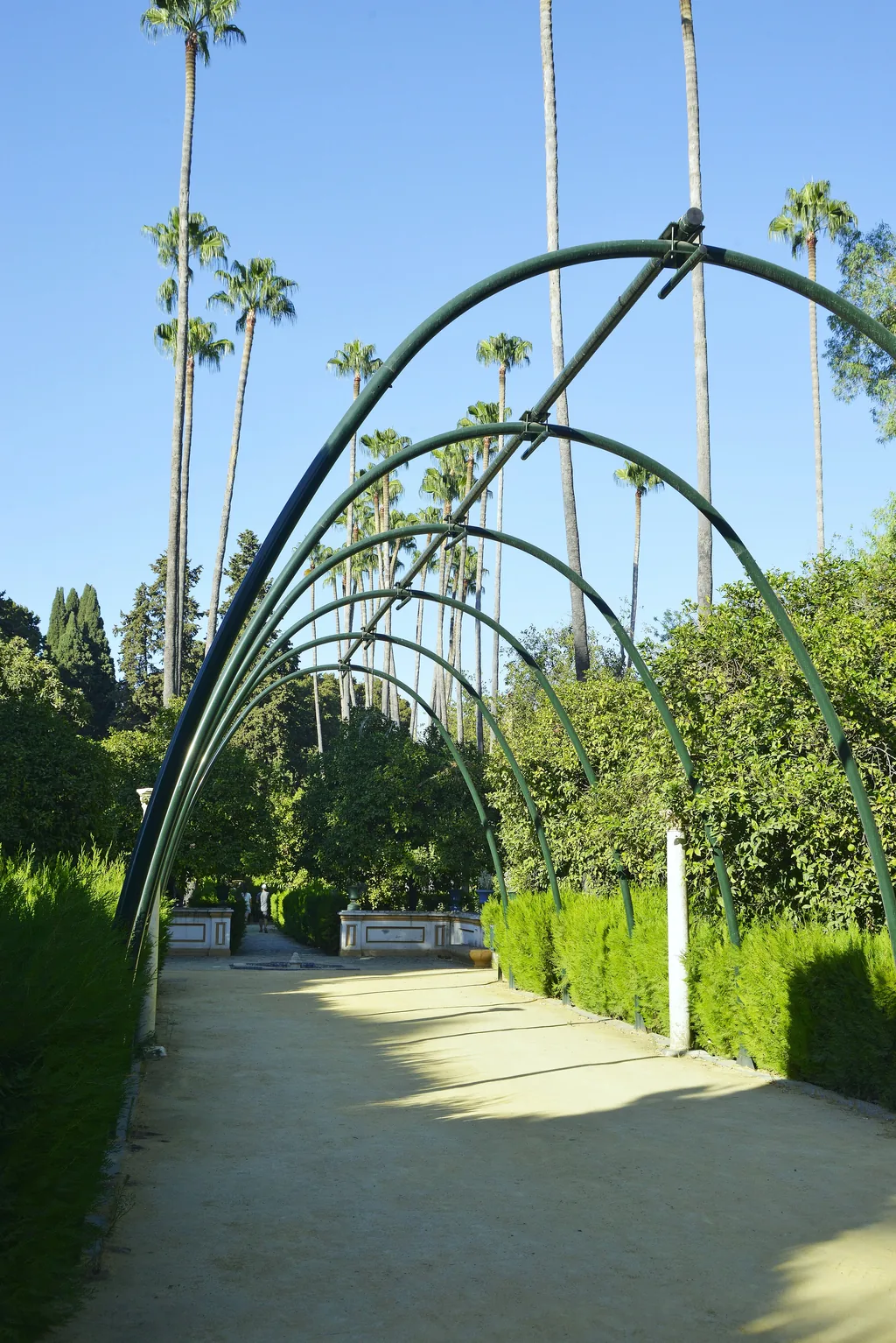Ein Gang aus Metallbögen, der sich über einen Gartenweg im Alcázar wölbt