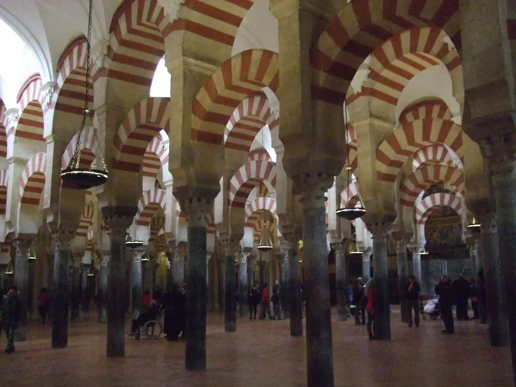 Red-and-white double arches in the prayer hall of the Mosque-Cathedral of Córdoba